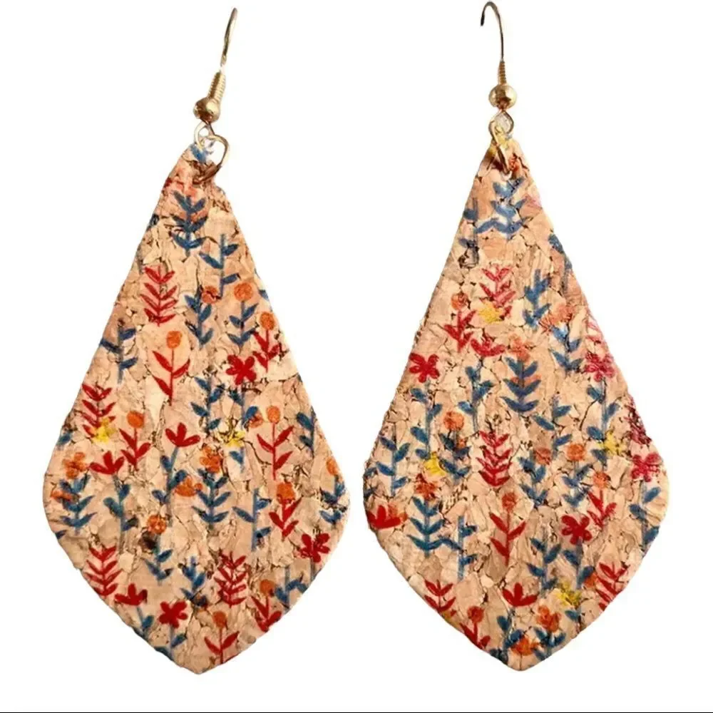 Flower Leaf Print Teardrop Shape Lightweight Cork Drop Earrings NWT